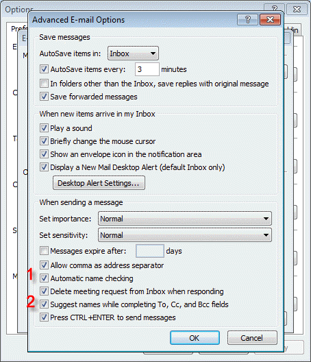 Autocomplete and autoresolve options dialog