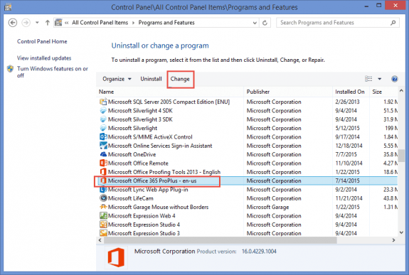 select office in program and features