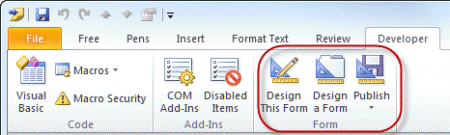 Design and Publish commands on the Developer ribbon