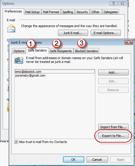 Export safe and blocked junk mail lists