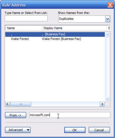 Select address in Outlook's Rules Wizard dialog