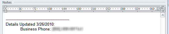 The Notes field in an Outlook contact has updated contact information