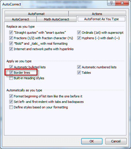 Automatic formatting of border