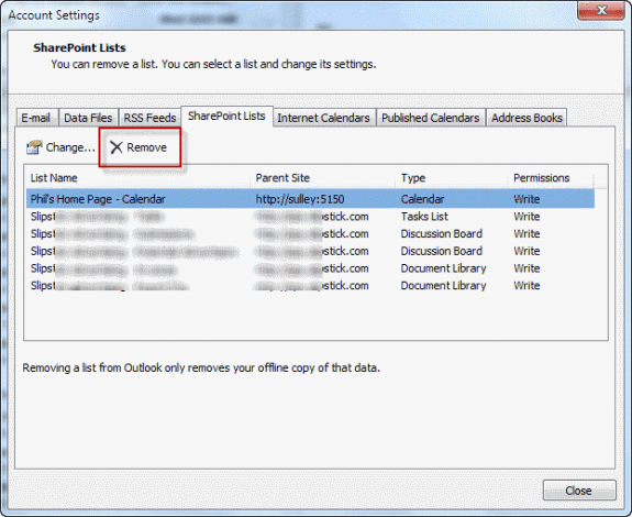 Delete Sharepoint list from Account Settings
