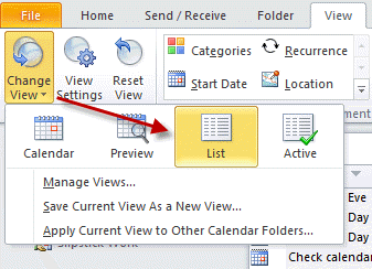 list-view-2010 Choose the list view in Outlook 2010