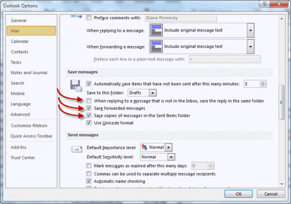 Save Sent Items options