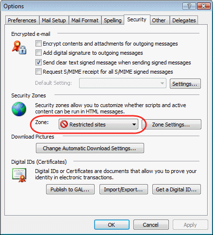 Internet Zone Security settings