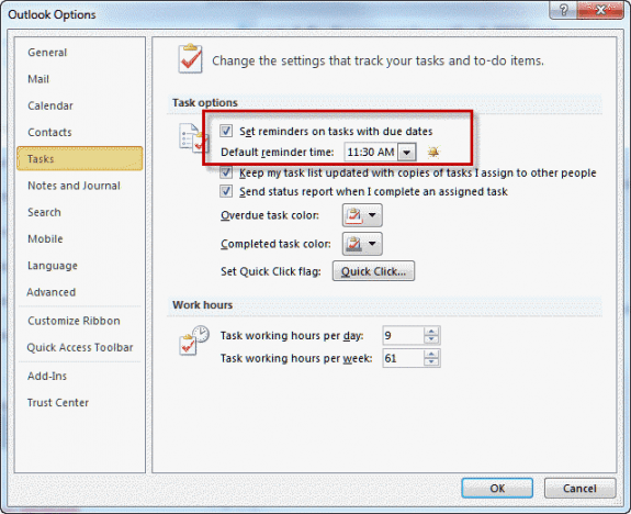 Tasks Options Dialog