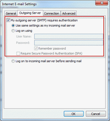 Outgoing server tab