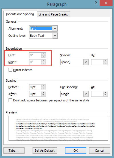 paragraph dialog