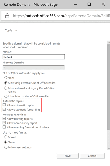change forwarding in the exchange admin center