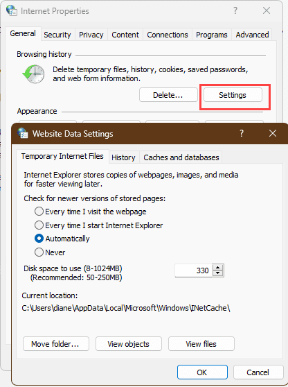 internet options dialog