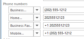 phone formatting in outlook