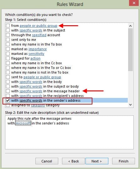 Create a rule with specific words in the sender's address