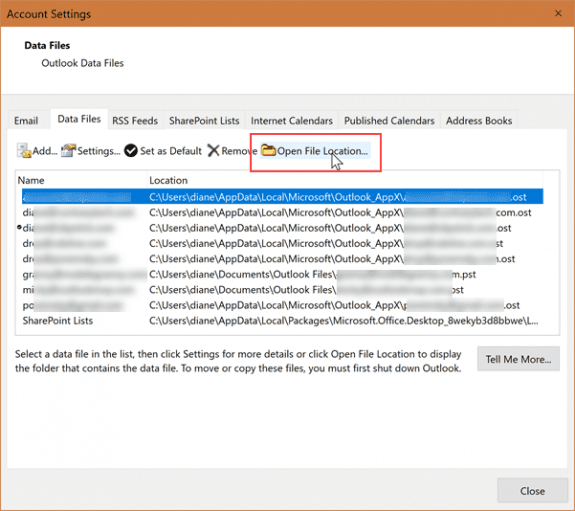 open file location from settings