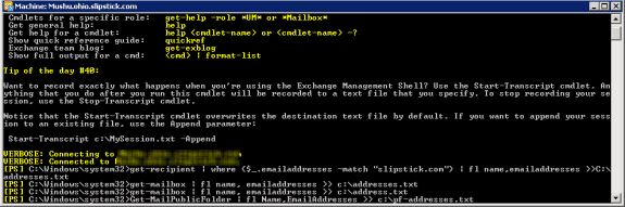 Use the get-mailbox cmdlet to output a list of email addresses