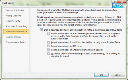 Change Outlook's automatic download settings