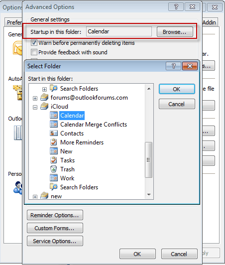 Configure Outlook to start in the iCloud calendar