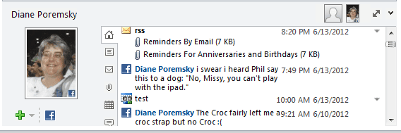 The people pane with messages, appointment, and facebook feed