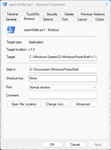 Create a shortcut to run the powershell script