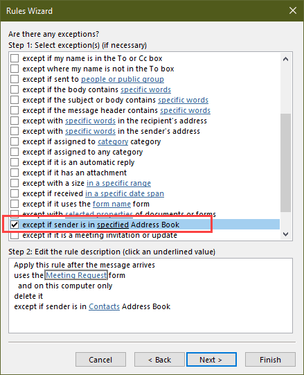 create exceptions for your address book