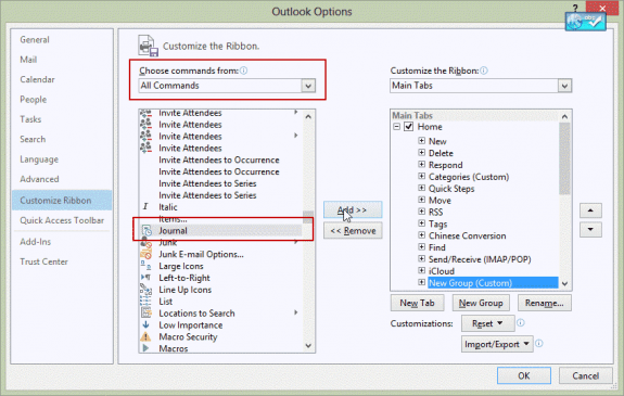 Add the Journal command to the ribbon