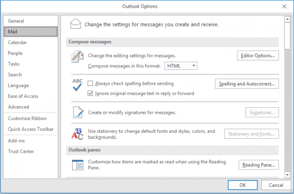 signature or stationery and fonts button is grayed out