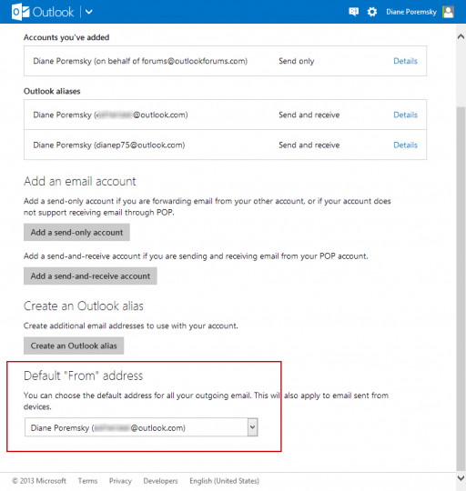 Change default outlook.com address