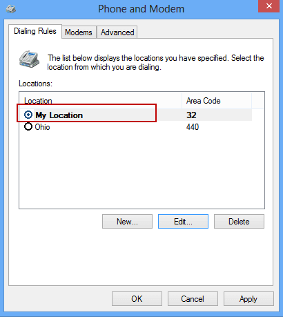 Dialing location dialog