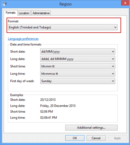 Change the format on the Region dialog