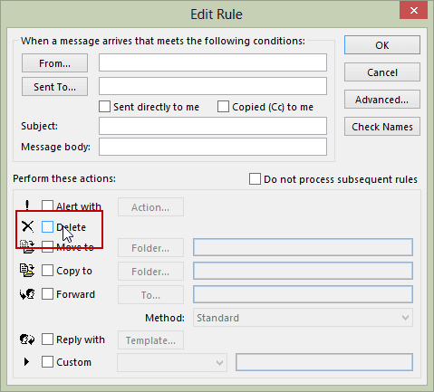 Click Delete ot any other action