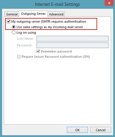 Enable authentication for the outgoing server