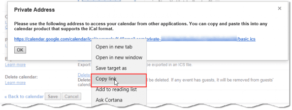 copy the link to the calendar
