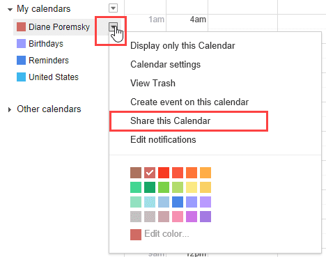 click to expand the menu and select share calendar