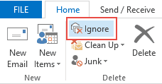Click Ignore to automatically filter messages in a thread