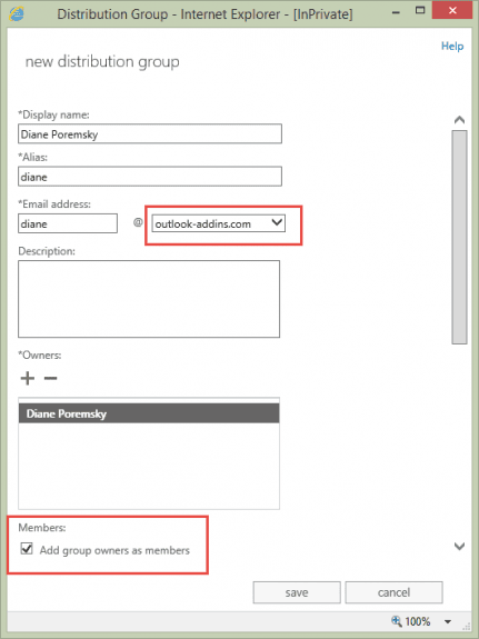 enter the display name and address