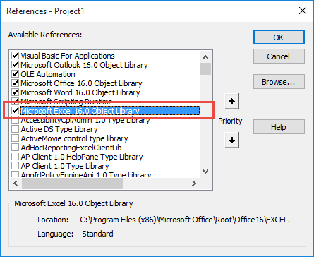Set a reference to Excel