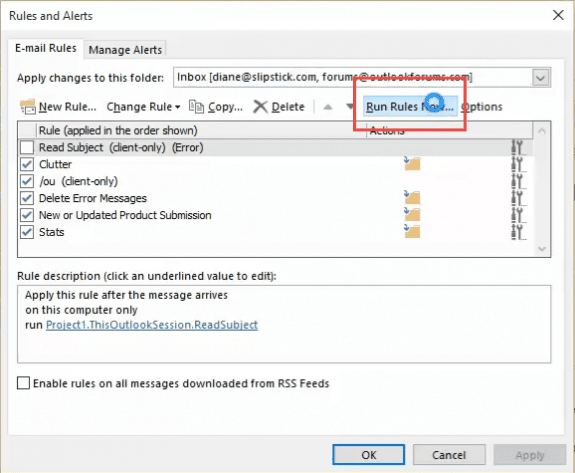 open the run rules now dialog