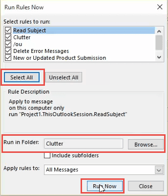 run Outlook rules now