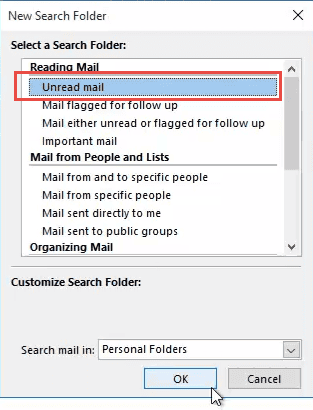 choose unread search folder