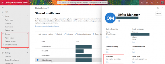 shared mailbox settings dialog