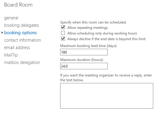 configure options for room mailbox