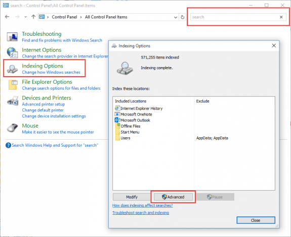 open the indexing options from control panel