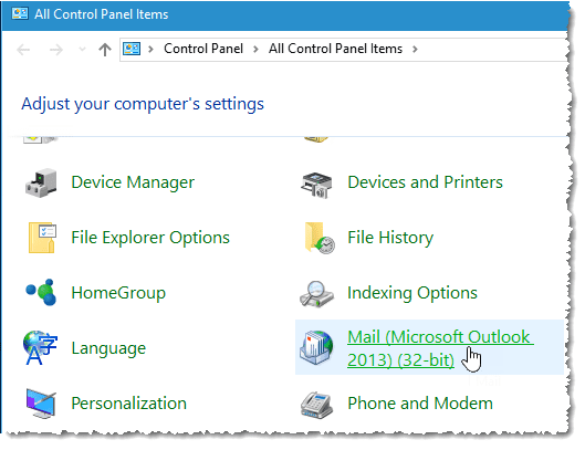 control pane, mail applet won't open