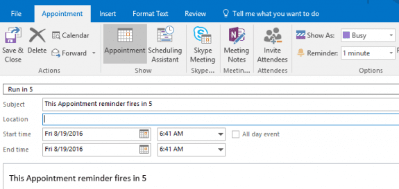 Create an appointment reminder to trigger a macro