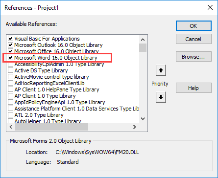 select the word object library