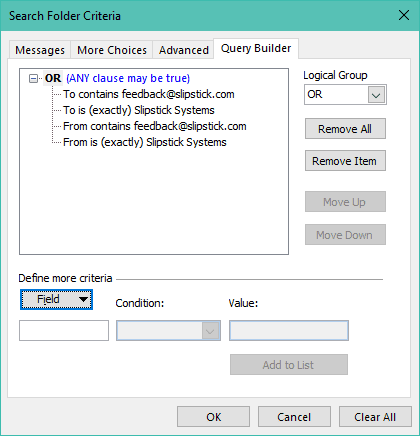 use query builder to create a search folder