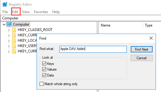 use edit, find to find the apple.dav.addin keys