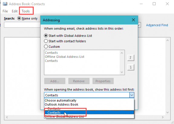 choose the correct contacts folder