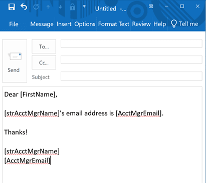 template containing the fields